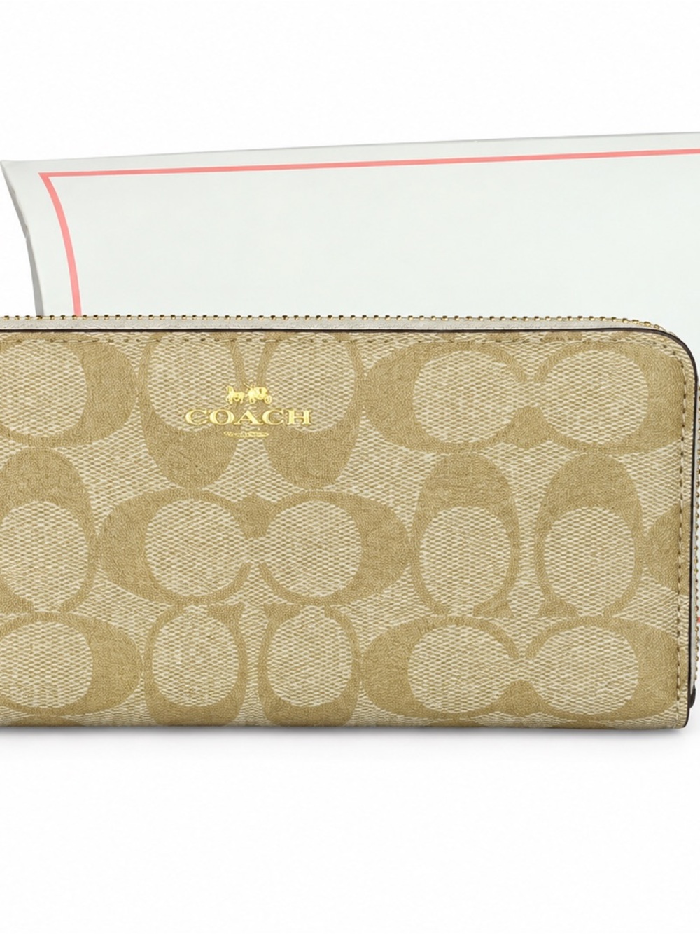 Coach Signature Zip Wallet in Khaki/Gold with Gift Box!
